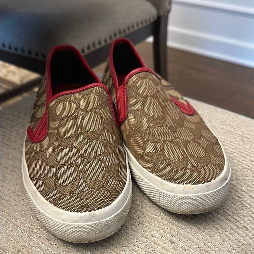 Coach Brown and Red Slip-On Sneakers with Signature Pattern